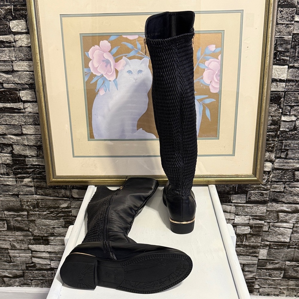 Black Knee-High Women's Boots features zipper on side and gold around the heels - Picture 7 of 11